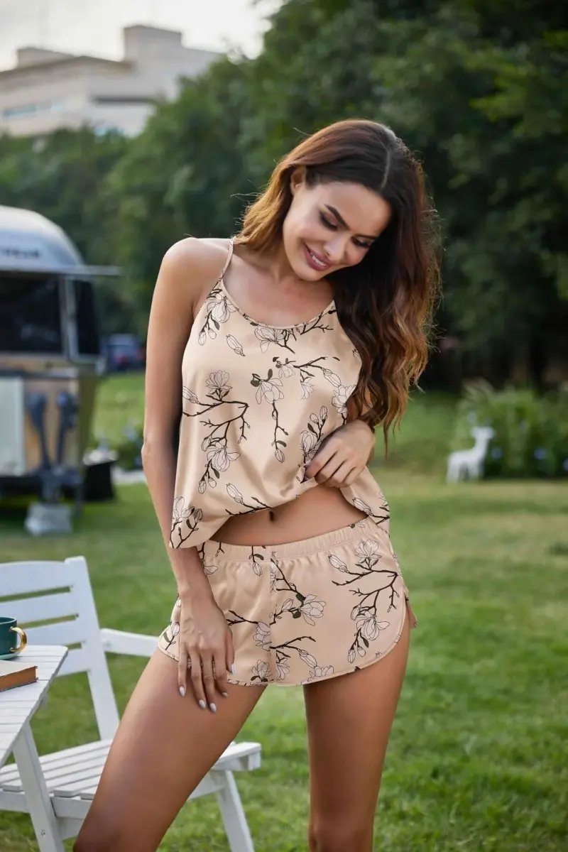 Silk Pajamas Set for Women Satin Backless Lingerie Pjs Cami Top and Shorts Nightwear - Love Salve